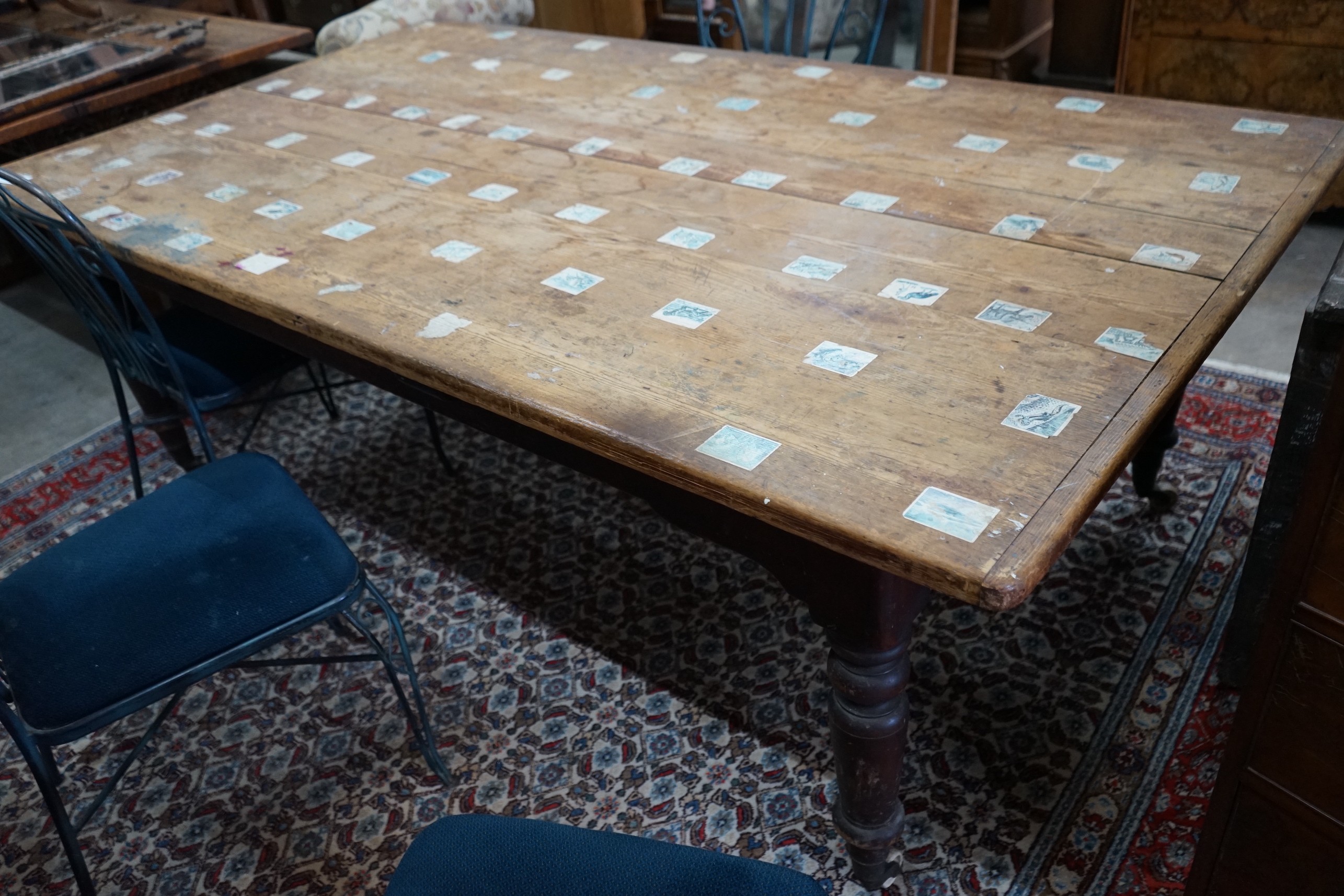 A mid Victorian rectangular pine kitchen table, length 214cm, width 121cm, height 72cm